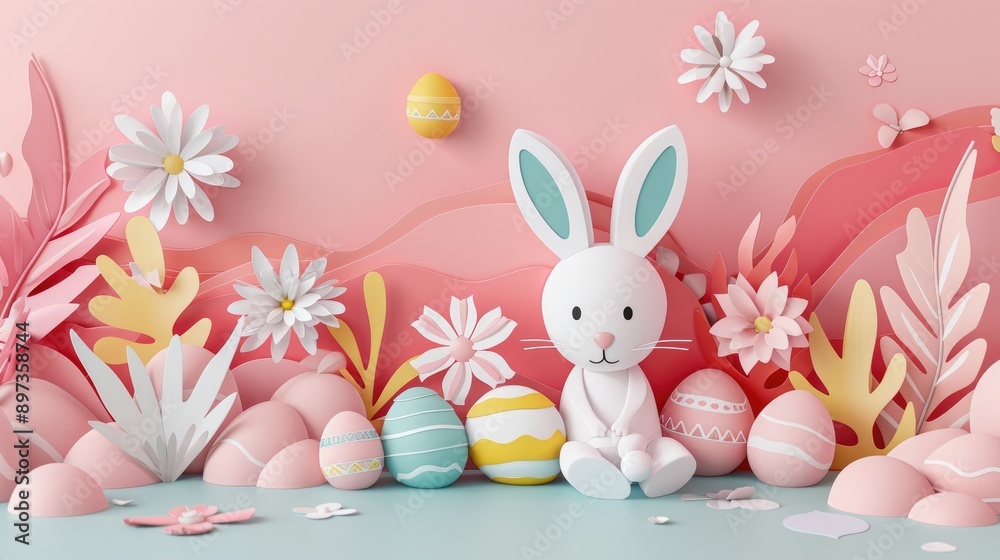 Obraz premium Cute rabbit with colorful pastel Easter eggs in paper art, celebrating Easter Day