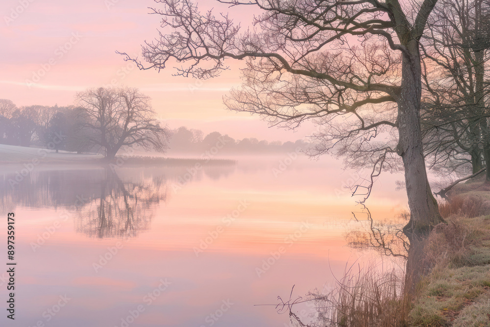 Calm Lake Surrounded by Bare Trees with Early Morning Mist and Soft Pink and Orange Sky Calm Lake Surrounded by Bare Trees with Early Morning Mist and Soft Pink and Orange Sky