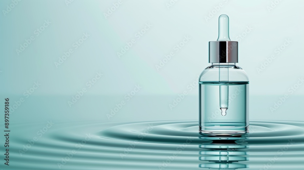 Naklejka premium A clear dropper bottle sits on serene water, reflecting calmness and purity, ideal for skincare and wellness themes.