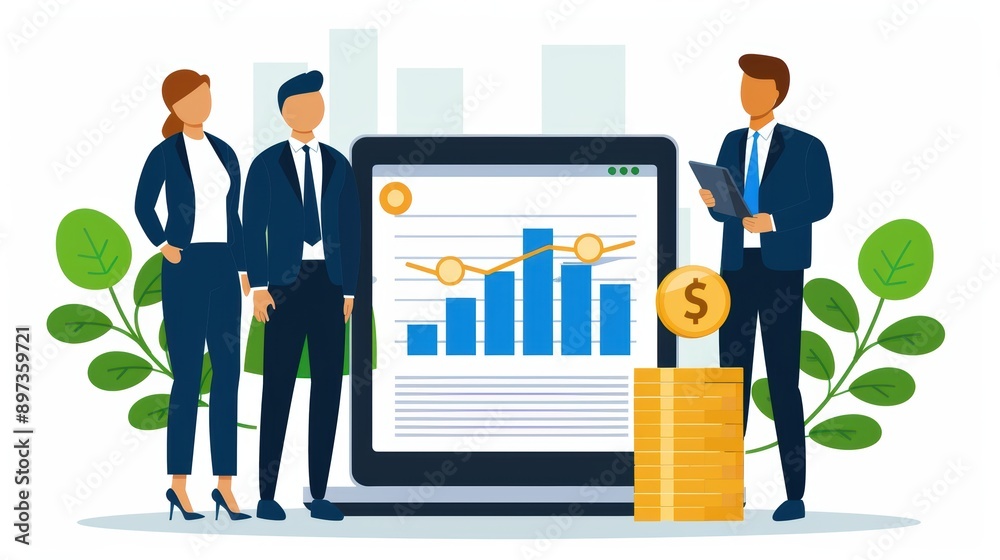 Business team analyzing financial data on digital tablet with growth graphs and currency symbol in modern office environment. Business team analyzing financial data on digital tablet with growth graphs and currency symbol in modern office environment.
