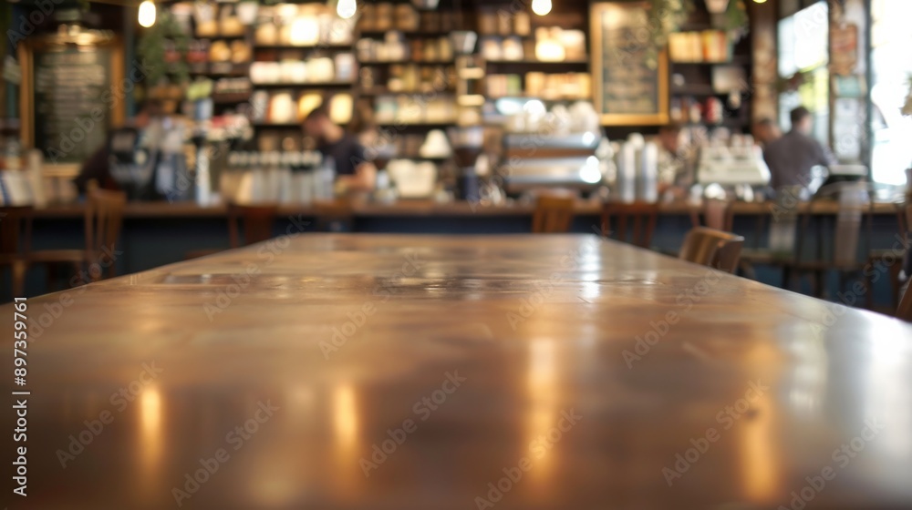 coffee house and bookstore, empty table in the foreground, baristas artfully pour lattes while avid readers peruse shelves stocked with books. coffee house and bookstore, empty table in the foreground, baristas artfully pour lattes while avid readers peruse shelves stocked with books.