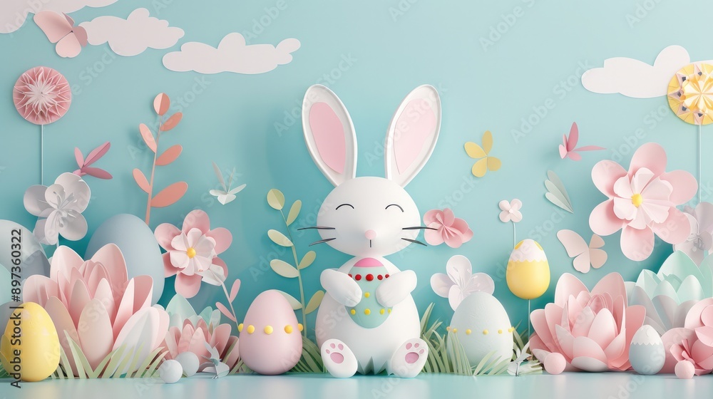 Fototapeta premium Cute rabbit with pastel Easter eggs in paper art style, wishing you a Happy Easter