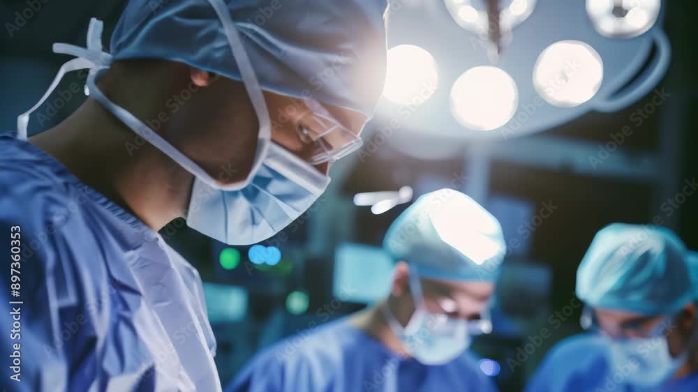 Surgeons in an operating room focused on a medical procedure, surgical lights. Medical professionals in blue gowns and masks performing surgery, showcasing teamwork and precision in healthcare Surgeons in an operating room focused on a medical procedure, surgical lights. Medical professionals in blue gowns and masks performing surgery, showcasing teamwork and precision in healthcare