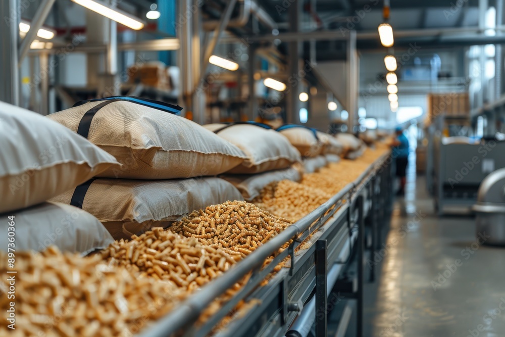 A production line in a factory with bags of pellet fuel moving along conveyor belts, showcasing the process of packaging biofuel materials for industrial use. A production line in a factory with bags of pellet fuel moving along conveyor belts, showcasing the process of packaging biofuel materials for industrial use.