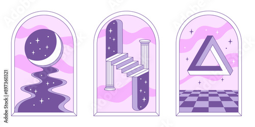Surrealism poster set. Abstract shapes, moon light, stairs and geometric elements. Vector illustration in minimal style