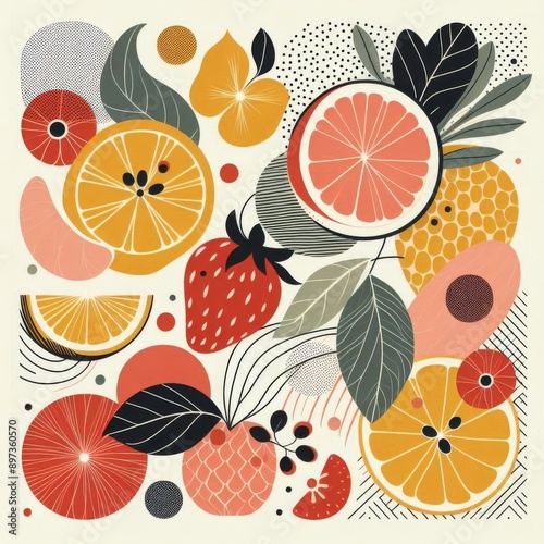 abstract fruit poster. Contemporary art print with strawberry, lemon, leaves, orange. Trendy design for wall decor, postcard, cover, packaging, t shirt