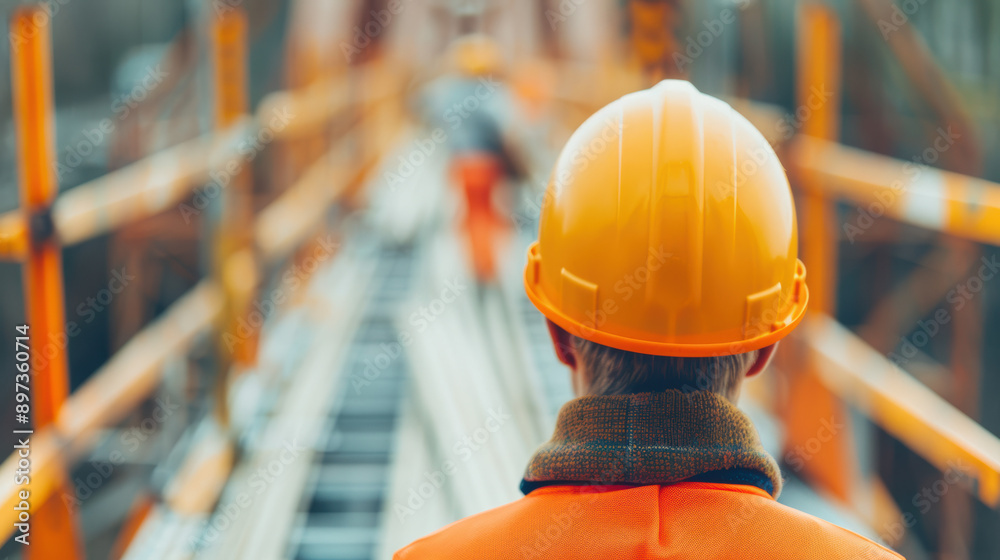 A construction worker in a safety helmet is inspecting the progress on a bridge construction site, with blurred team members working in the background. A construction worker in a safety helmet is inspecting the progress on a bridge construction site, with blurred team members working in the background.