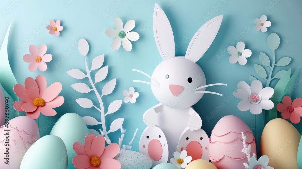 Cute rabbit with pastel-colored Easter eggs in paper art, wishing you a Happy Easter