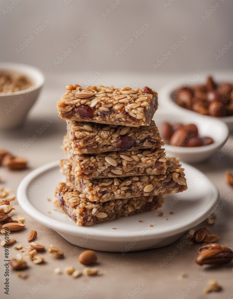 A plate of homemade granola bars made with oats, dates, and nuts on a white background
A plate of homemade granola bars made with oats, dates, and nuts on a white background