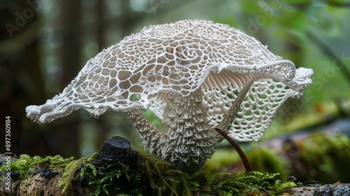 photo of exotic lace-like mushroom growing in rainforest with intricate lacy patterns and unique structure resembling delicate fabric photo
