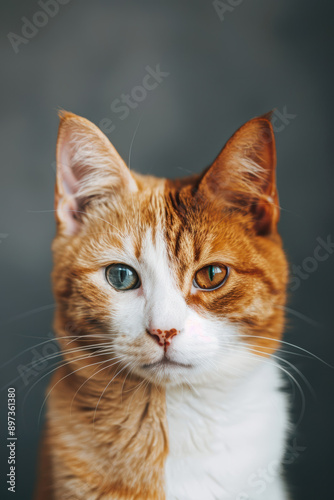 A close-up portrait of a cute orange and white cat with heterochromia, having one blue eye and one green eye, against a blurred gray background.