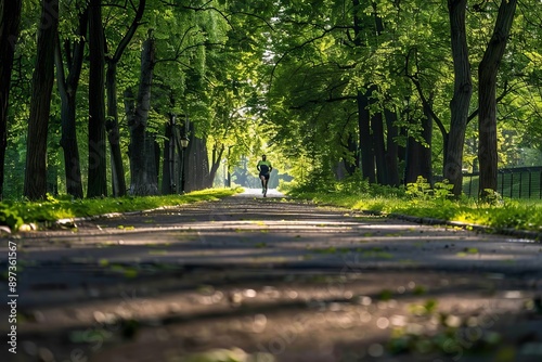 A lone runner on a paved path through a green forest on a sunny day