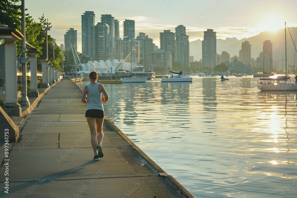 Woman jogging along waterfront pathway in vancouver city at sunset Woman jogging along waterfront pathway in vancouver city at sunset
