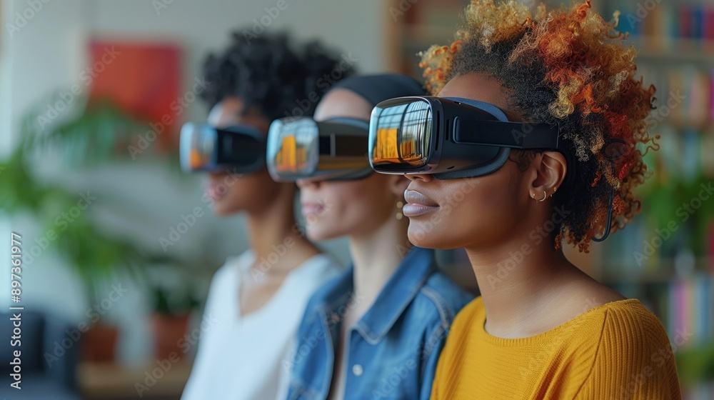 Three women in VR headsets gaze in unison in an office, immersed in a virtual reality experience Three women in VR headsets gaze in unison in an office, immersed in a virtual reality experience
