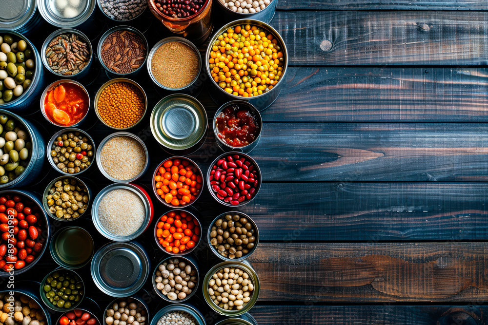 Various canned food in metal cans on wooden table. Top view. Copy space Various canned food in metal cans on wooden table. Top view. Copy space