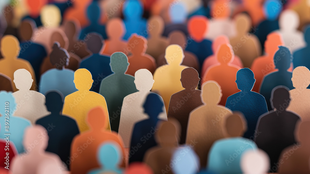 Obraz premium Colorful silhouettes of diverse paper cutout figures represent unity and diversity, symbolizing community and inclusivity.