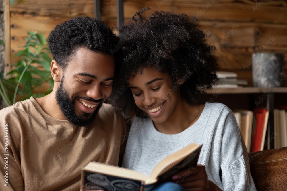 Portrait of a smiling multicultural couple in their 30s reading a book together Portrait of a smiling multicultural couple in their 30s reading a book together