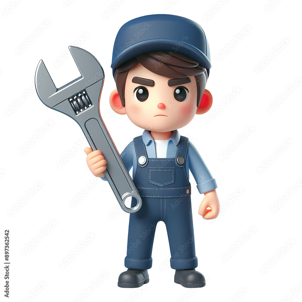 Cute cartoon mechanic character with huge wrench
