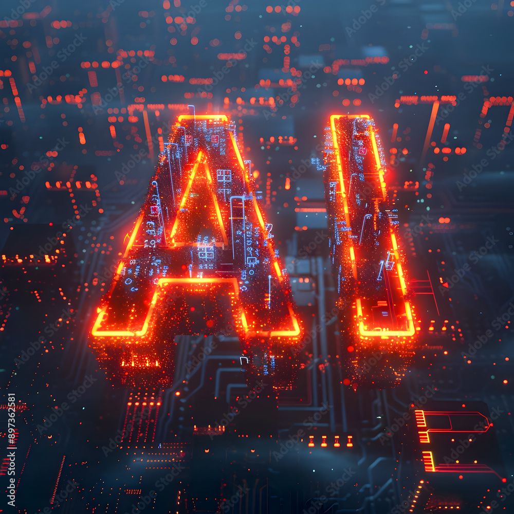 A 3D rendering of the glowing fiery letters AI displayed in a dynamic pose against a dark digital landscape filled with neon circuits and data streams The intense lighting and high tech A 3D rendering of the glowing fiery letters AI displayed in a dynamic pose against a dark digital landscape filled with neon circuits and data streams The intense lighting and high tech