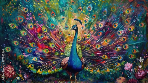 Colorful peacock strutting in a lush garden, its magnificent tail feathers fanned out in a dazzling display