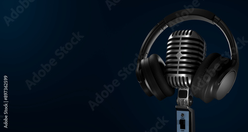 Concept on air. Microphone and headphones. Live on air radio podcast studio microphone. Professional microphone and headphones at the radio station, entertainment and communication concept. 3d render