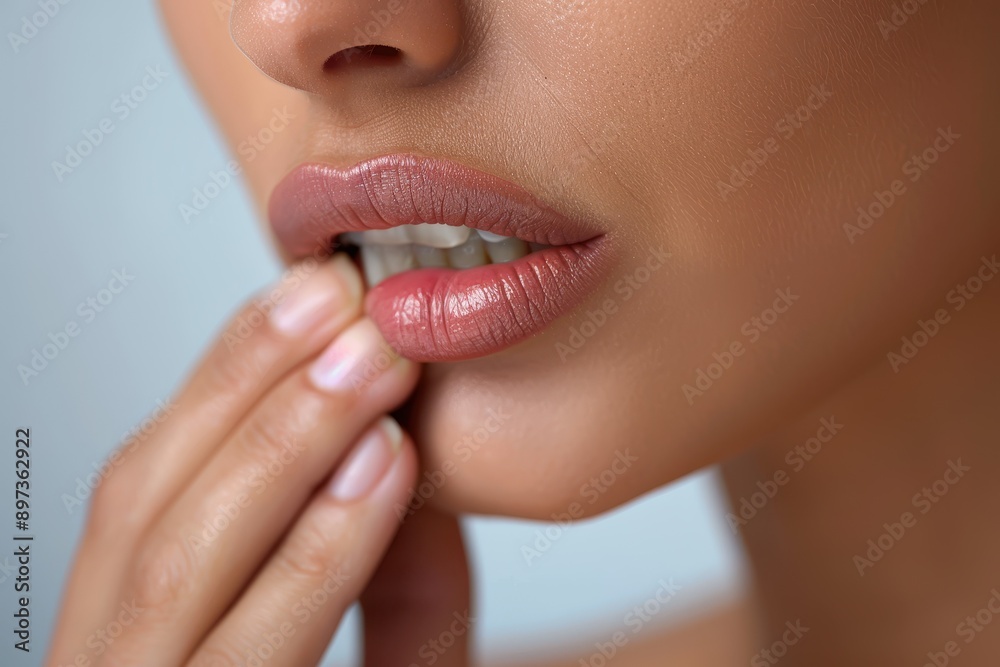 Obraz premium Intense Profile of Person Biting Lip with Nervous Tension in Slate Gray Color Palette