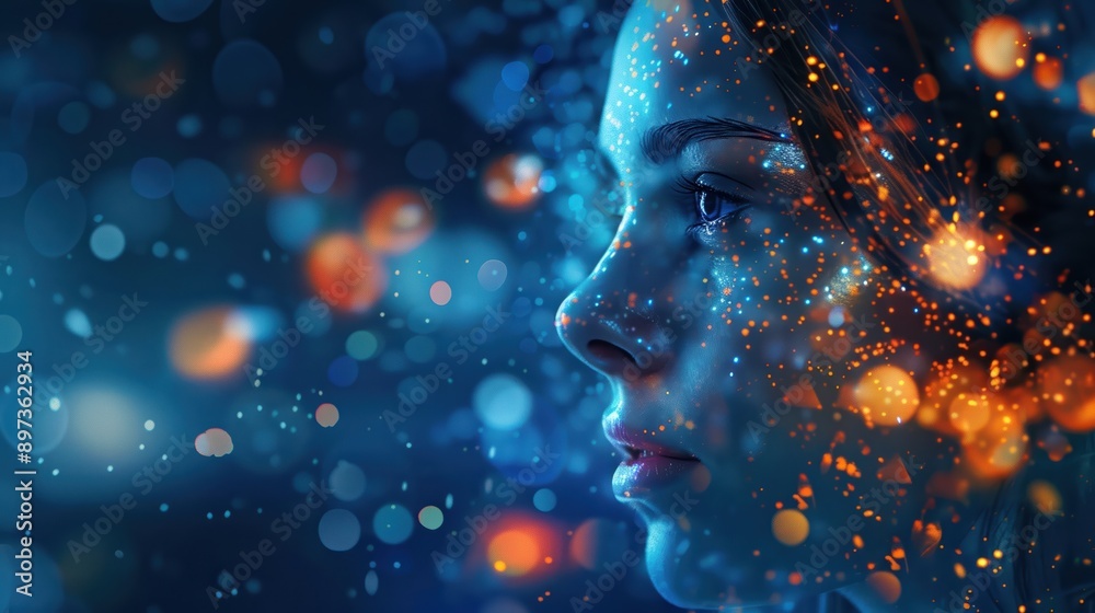 Close-up portrait of a woman with artistic bokeh lights and particles creating a surreal, dreamy atmosphere. Vibrant colors and dramatic effect. Close-up portrait of a woman with artistic bokeh lights and particles creating a surreal, dreamy atmosphere. Vibrant colors and dramatic effect.