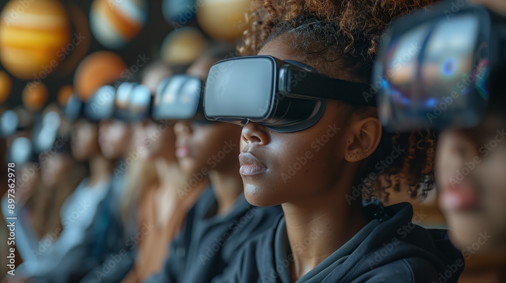 A group of students in a classroom wear VR headsets, exploring a virtual environment. A group of students in a classroom wear VR headsets, exploring a virtual environment.