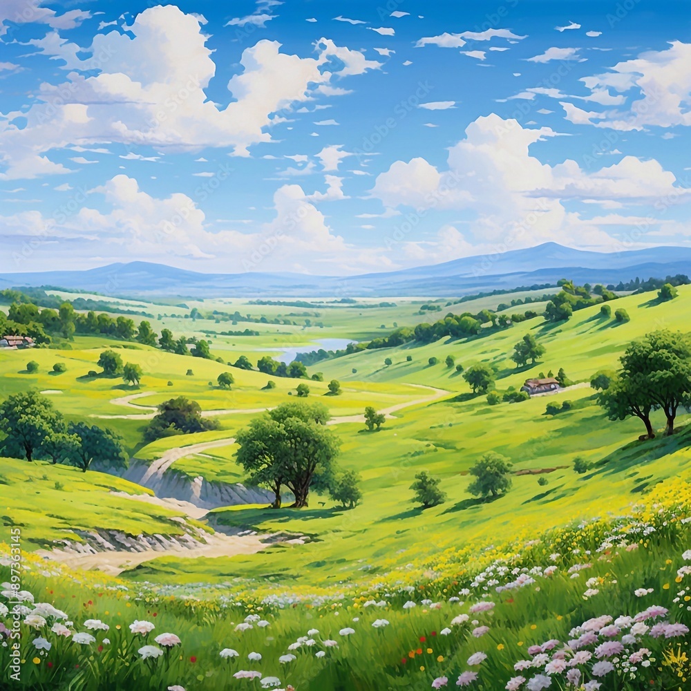 Fototapeta premium Beautiful illustrations of trees, flowers, meadows, mountains, sky and clouds, colored drawings in animation style.