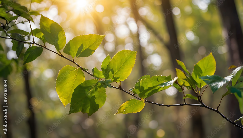 A leafy branch with a bright green leaf in the sun A leafy branch with a bright green leaf in the sun