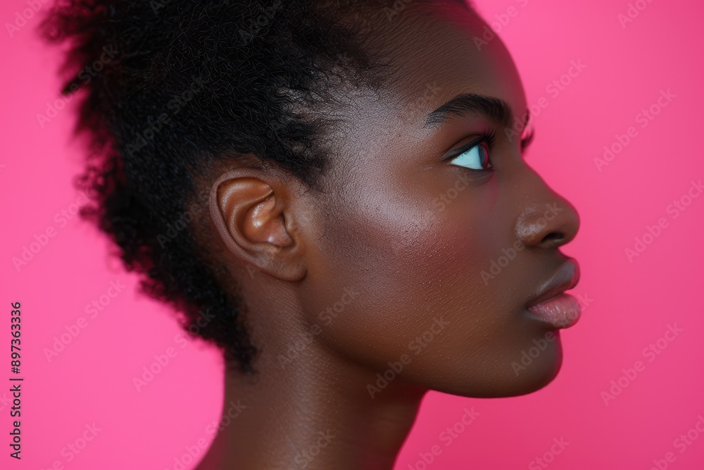 Determined Woman in Bright Pink Profile Portrait Exuding Resolve and Confidence Determined Woman in Bright Pink Profile Portrait Exuding Resolve and Confidence
