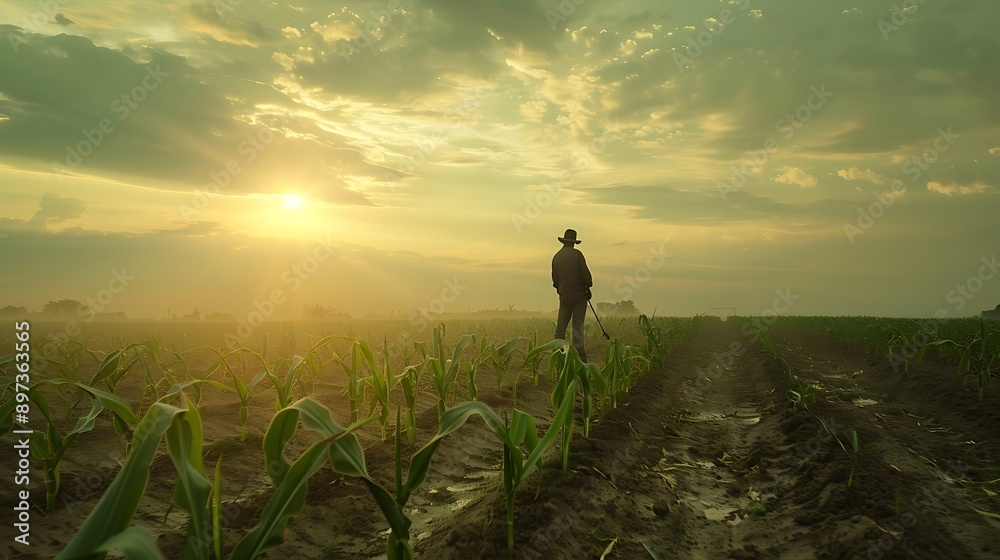 Fototapeta premium Silhouette of a Farmer in a Cornfield at Sunset