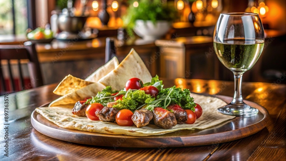 Image of kebab, fried pieces of meat, barbecue, grilled on coals, on a beautiful tray, on a table, in a restaurant, beautiful design, vegetables, tomato, herbs. Macro photography Image of kebab, fried pieces of meat, barbecue, grilled on coals, on a beautiful tray, on a table, in a restaurant, beautiful design, vegetables, tomato, herbs. Macro photography