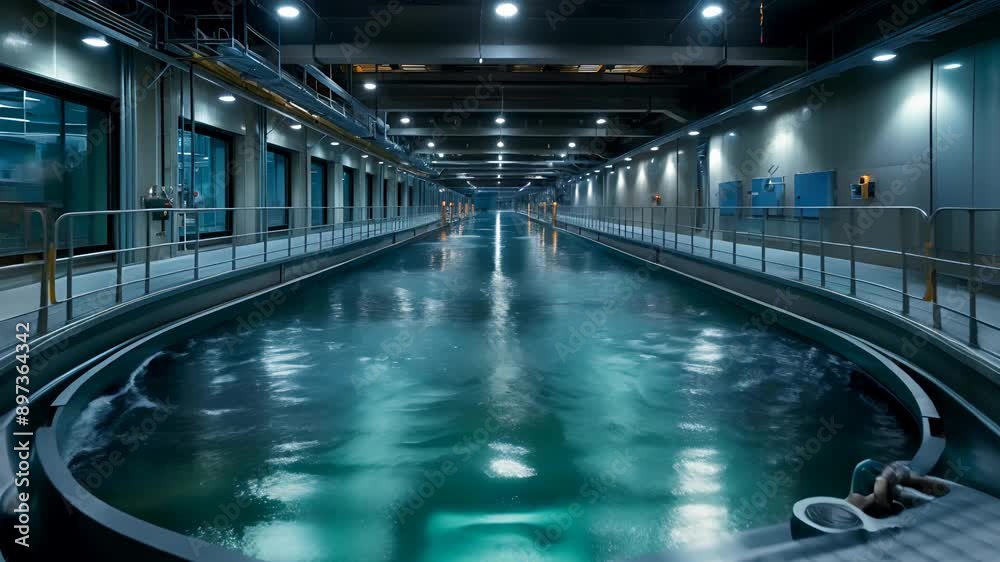 Industrial water treatment tanks purify water in a plant with pool, showcasing clean technology for environmental protection Industrial water treatment tanks purify water in a plant with pool, showcasing clean technology for environmental protection
