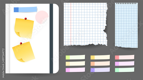 Sticky note and tape or memo notepad posts, Paper message notes  isolated on gray background, Vector EPS 10