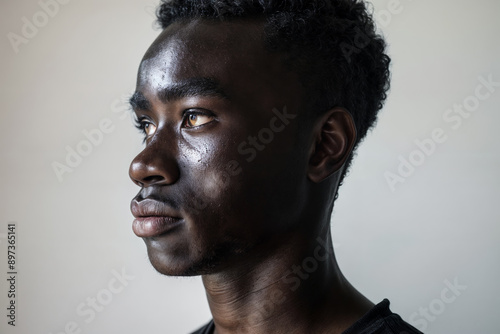 Profile of young African man with vitiligo, contemplative expression, side view portrait showcasing unique skin pigmentation, natural lighting emphasizes facial features and texture © Sachin