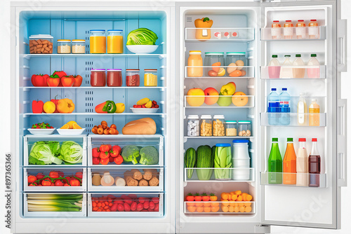 Kitchen fridge opened, stocked with a variety of fruits and vege