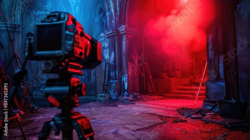 Film set of a dark fantasy horror movie with a red screen background, capturing the intense and scary atmosphere of the production