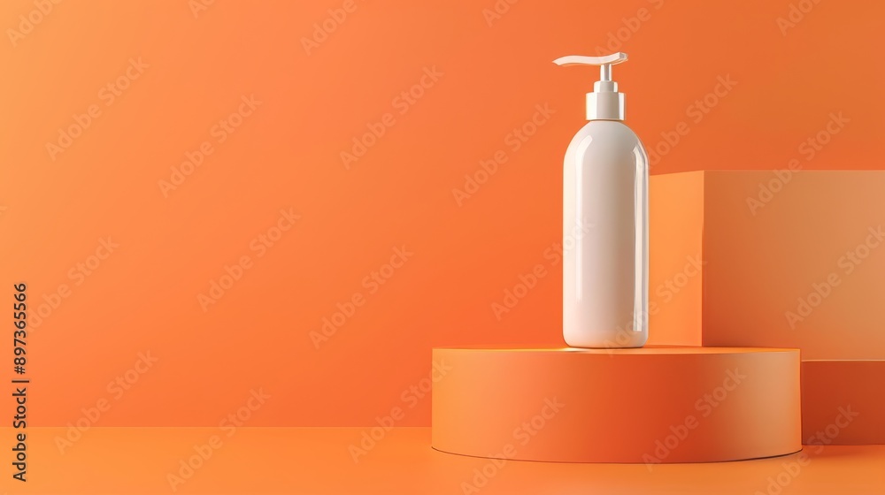 orange pastel background, white lotion bottle on a platform, professional photo, flat lighting 