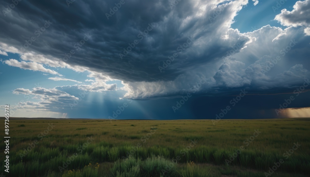 environment, Stormy Sky Over Field with Green Grass and Yellow Wildflowers environment, Stormy Sky Over Field with Green Grass and Yellow Wildflowers