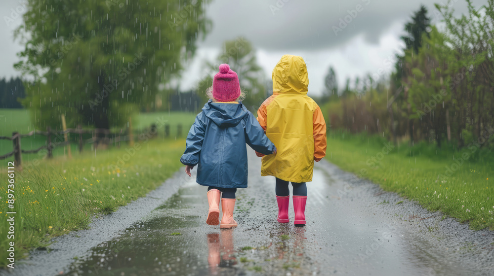 Kids in raincoats walking on wet road in rainy weather Kids in raincoats walking on wet road in rainy weather