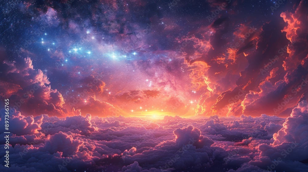 Fototapeta premium Celestial Cloudscape: A Dreamy Sunrise Above the Clouds