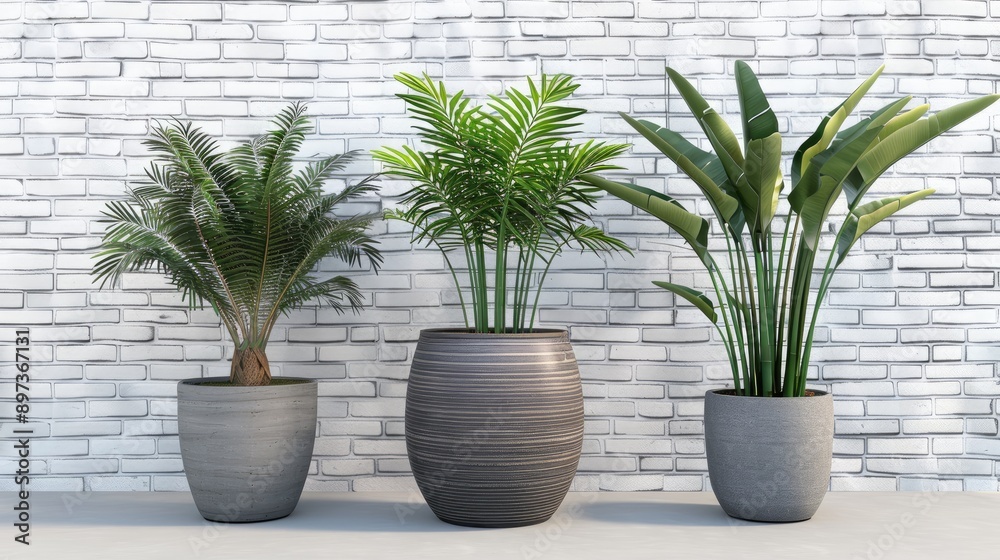 Three potted plants, one with palm leaves, another with wide green leaves, and a small one with narrow leaves, stand against a white brick wall Three potted plants, one with palm leaves, another with wide green leaves, and a small one with narrow leaves, stand against a white brick wall