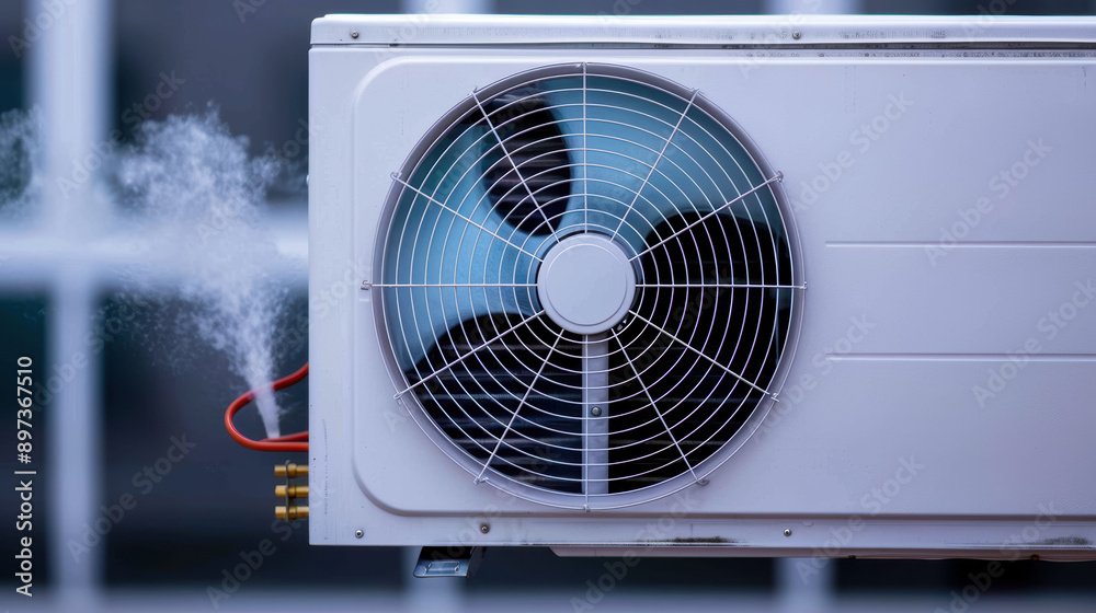 Close-up of an outdoor air conditioning unit with fan in operation, releasing mist. Modern HVAC system for residential or commercial building cooling. Close-up of an outdoor air conditioning unit with fan in operation, releasing mist. Modern HVAC system for residential or commercial building cooling.