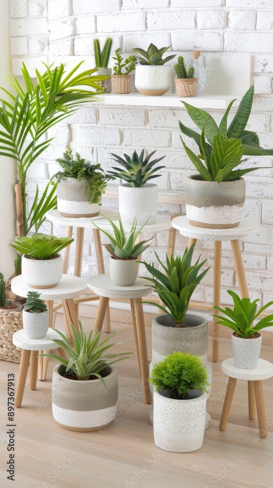 Three potted plants, one with palm leaves, another with wide green leaves, and a small one with narrow leaves, stand against a white brick wall Three potted plants, one with palm leaves, another with wide green leaves, and a small one with narrow leaves, stand against a white brick wall