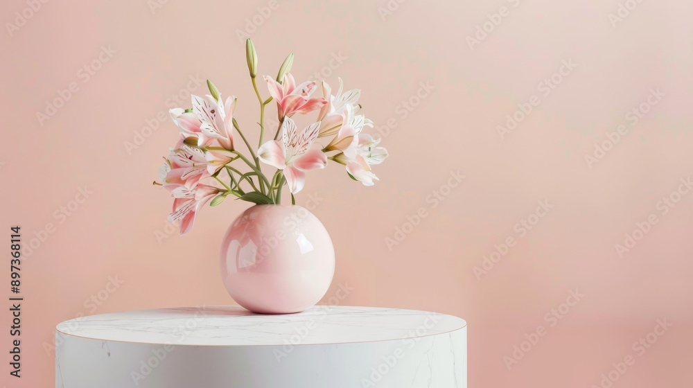 peach pastel background, flower vase on a white marble showcase platform, professional photo, flat lighting peach pastel background, flower vase on a white marble showcase platform, professional photo, flat lighting