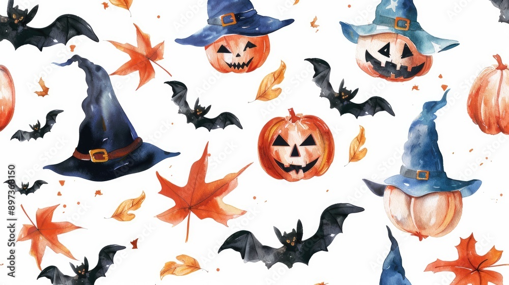 Fototapeta premium Festive watercolor Halloween elements: hats, bats, and pumpkins on white background