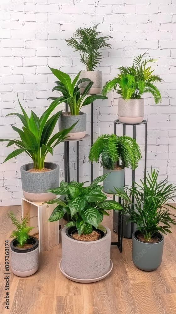Fototapeta premium Three potted plants, one with palm leaves, another with wide green leaves, and a small one with narrow leaves, stand against a white brick wall