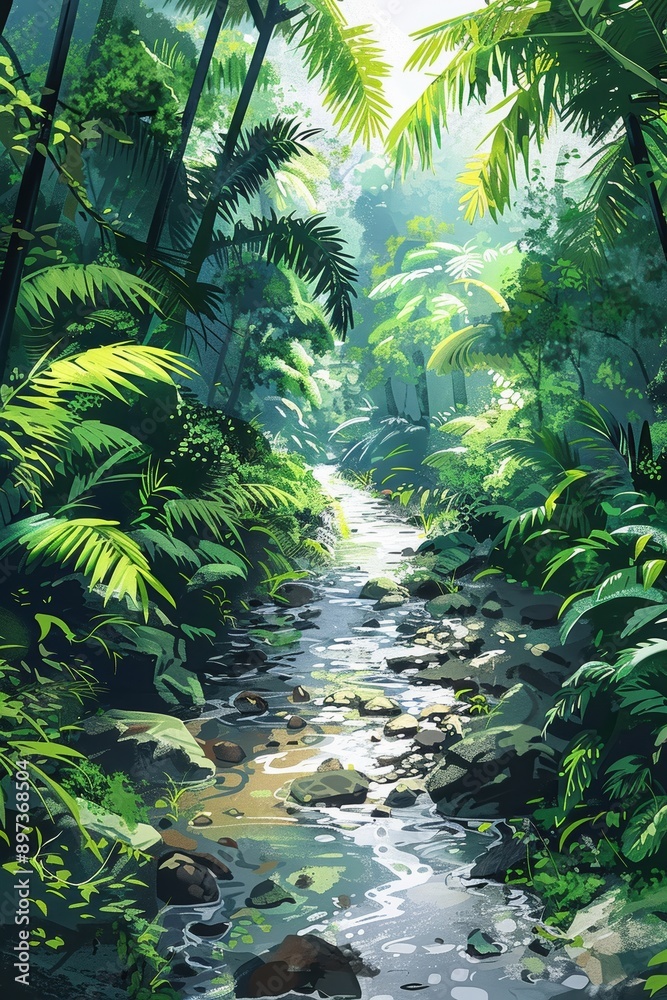 Lush tropical rainforest with a serene creek running through, surrounded by vibrant greenery and sunlight breaking through the canopy. Lush tropical rainforest with a serene creek running through, surrounded by vibrant greenery and sunlight breaking through the canopy.