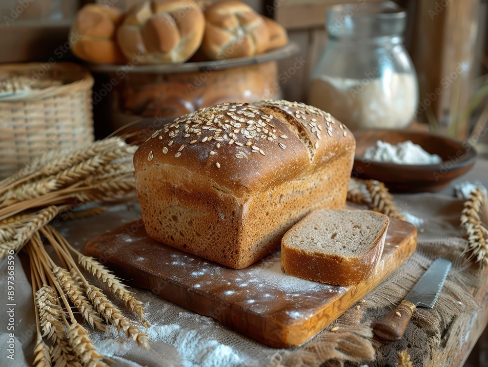 Rustic Table Setting with Whole Grain Bread, Knife, Flour Bowl, and Wheat Stalks for Farmhouse Dining Vibes Rustic Table Setting with Whole Grain Bread, Knife, Flour Bowl, and Wheat Stalks for Farmhouse Dining Vibes